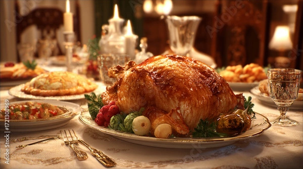 Fototapeta The scene depicts a formally set dining table laden with various dishes and adorned with candles, creating a warm and inviting atmosphere
