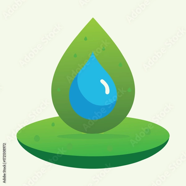 Obraz Green Leaf with Blue Water Drop Icon vector illustration