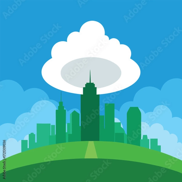 Obraz Green Hills Cityscape Under a Large Cloud buildings