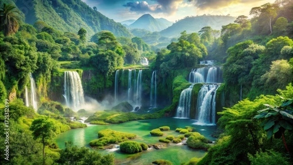 Fototapeta Emerald landscape with lush greenery and sparkling waterfalls amidst rolling hills and towering trees