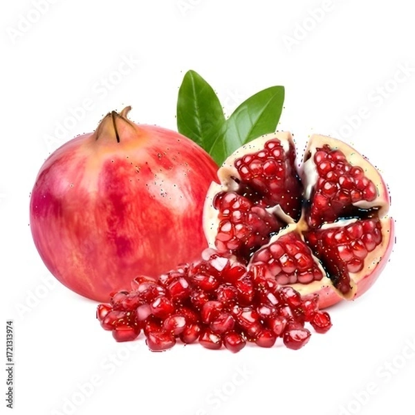 Fototapeta Fresh whole and cut pomegranate with seeds isolated on white background