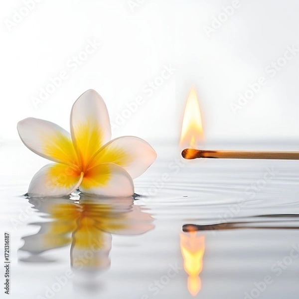 Fototapeta Frangipani flower floating on water with matchstick flame