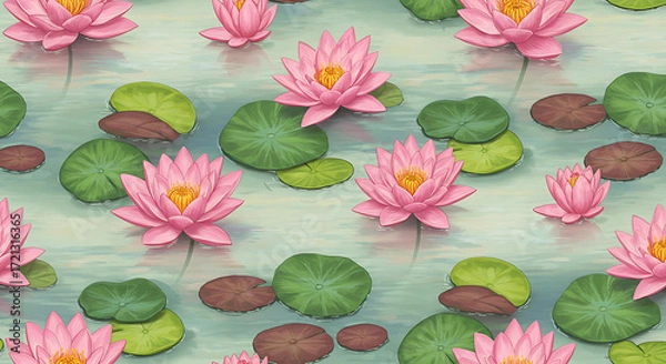 Fototapeta Lily Pads and Pink Lotus in a Pond Pattern