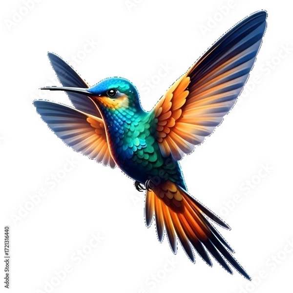 Fototapeta Colorful hummingbird in flight on white background