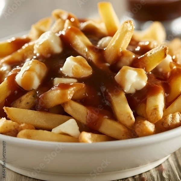 Fototapeta Poutine fries with cheese curds and gravy in a bowl