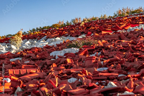 Fototapeta Rab the hill above the port in Lopar, the Croatian flag placed on a slope of red roof tiles,
