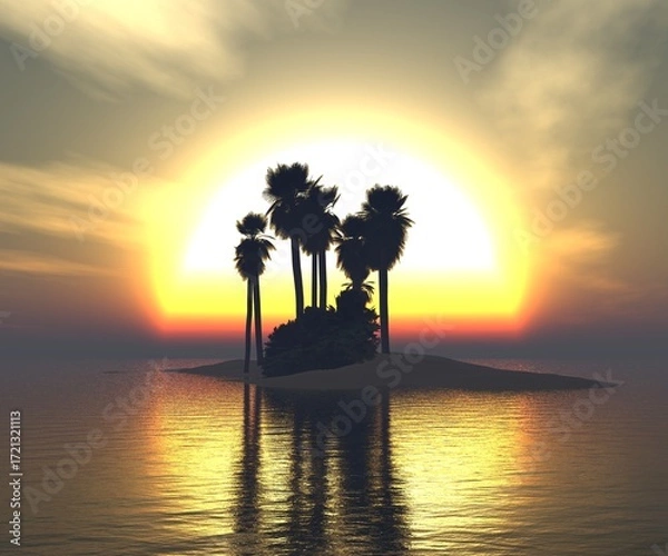Obraz Beautiful sea landscape with an island with palm trees, a tropical island with palm trees in the middle of the ocean, 3d rendering