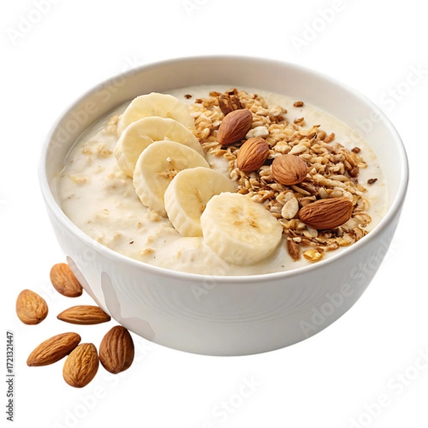 Fototapeta Bowl of oatmeal with banana slices and granola isolated on transparent background