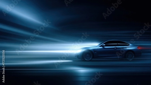 Obraz A sporty coupe driving with blurred speed lines in a dark setting
