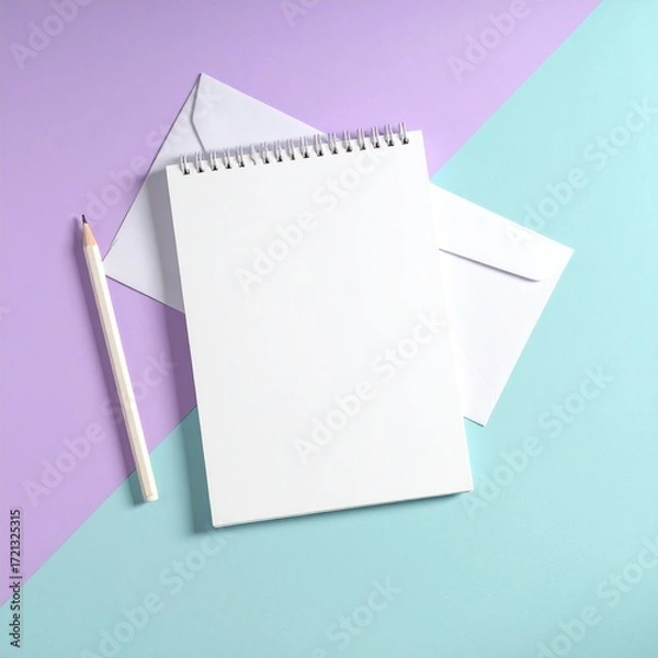 Fototapeta Minimalist Stationery Composition Spiral Notebook, Envelope, and Pencil Against a Two-Tone Background for Creative Designs and Mockups