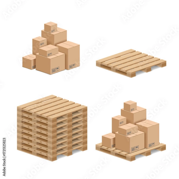 Obraz Set of isometric cardboard boxes on a wooden pallet. Isolated on a white background. Cargo storage in industrial warehouses and logistics. Vector illustration