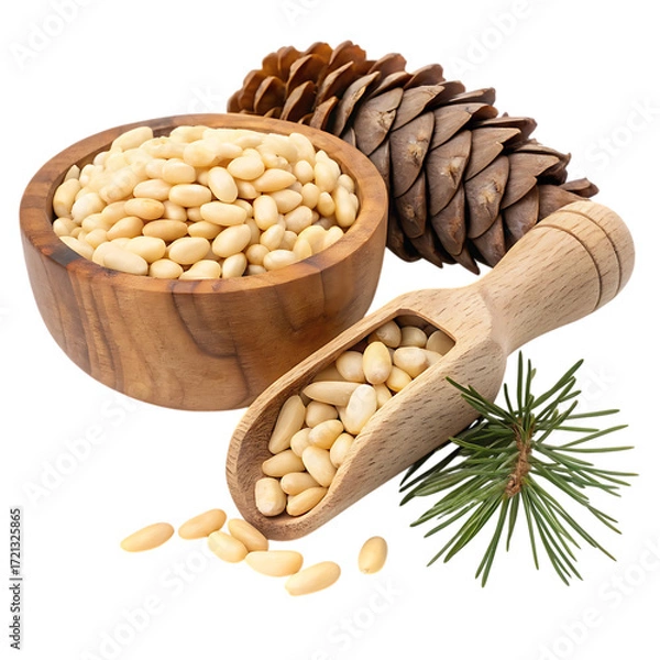 Fototapeta Wooden bowl and scoop filled with pine nuts and pine cone isolated on transparent background