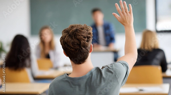 Fototapeta Back view of schoolboy raising hand in classroom during lesson. Education and learning concept.