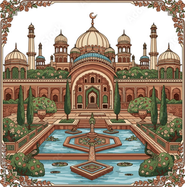 Obraz Create a Mughal garden with temple, arch. monkey, plant, tree, lotus, bougainvillea flower seamless pattern vector art with white background.