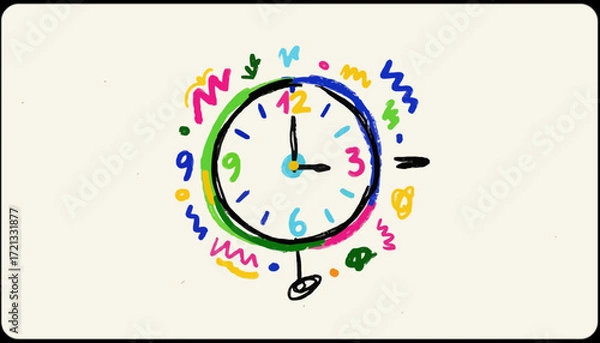 Fototapeta Colorful drawn clock with playful doodles and numbers  