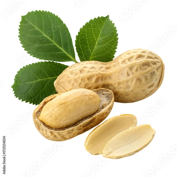 Fototapeta Fresh peanuts with green leaves isolated on transparent background