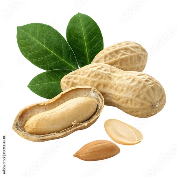 Fototapeta Peanuts in shell with leaves isolated on transparent background