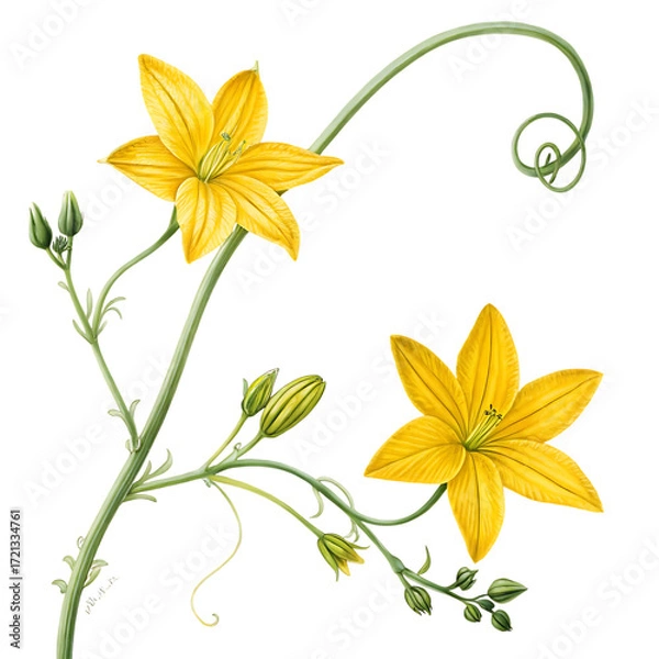 Fototapeta Two yellow star shaped flowers on a vine isolated on transparent background