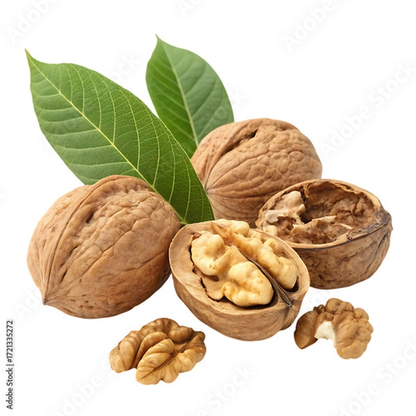 Fototapeta Whole and cracked walnuts with green leaves isolated on transparent background