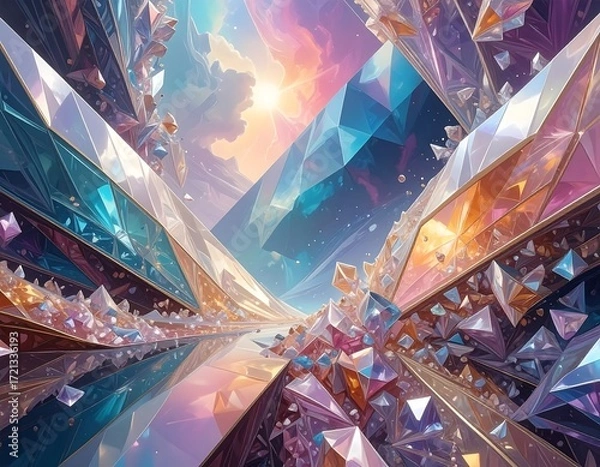 Fototapeta Crystal pathway through a vibrant, geometric landscape