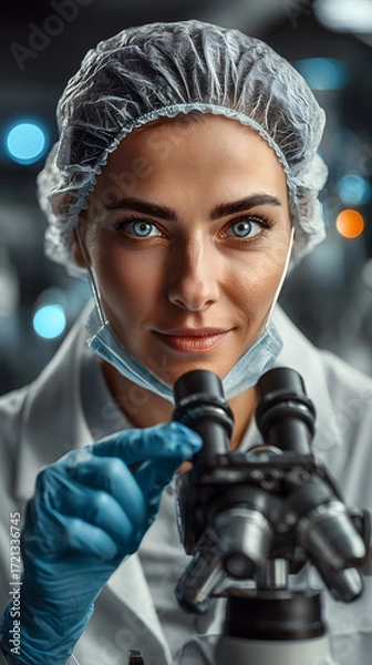 Fototapeta Focused Female Scientist Looking at Viewer While Operating Microscope in Laboratory