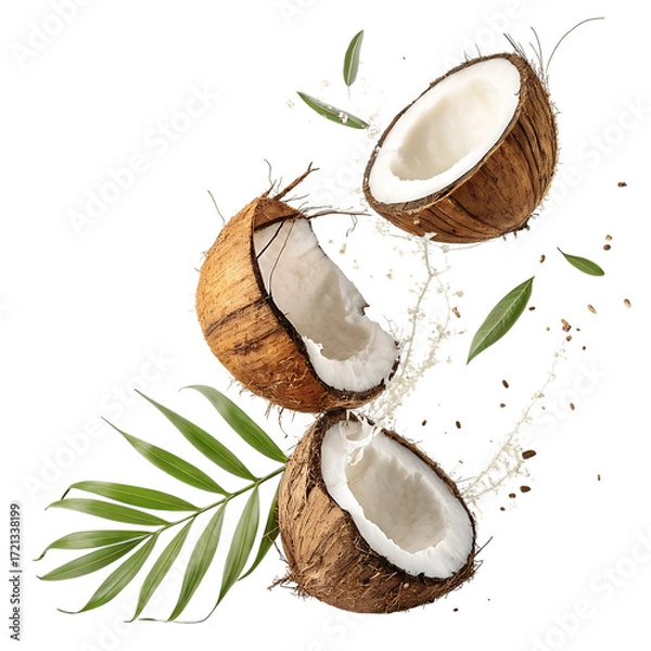 Fototapeta Fresh coconut halves with water splash and palm leaves isolated on transparent background