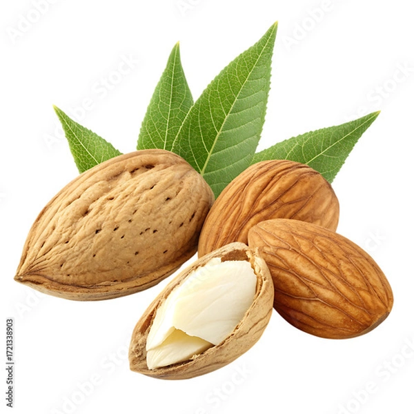 Fototapeta Whole and cracked almonds with leaves isolated on transparent background