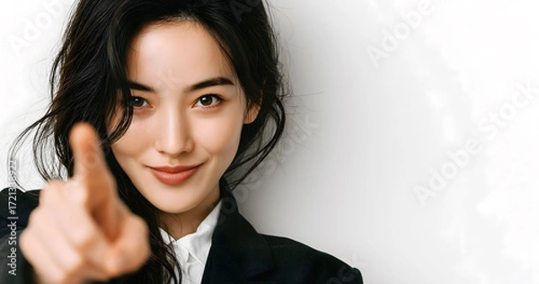 Fototapeta Confident Young Asian Woman Pointing Finger and Smiling Directly at Camera