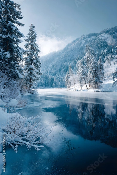 Fototapeta Discover the Tranquil Beauy of a Frozen Winter Lake:An Enchanting Winter Wondeland Amidst Snow-Covered Tees and Stunning Natural Tanquility