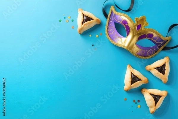Fototapeta Rosh Hashanah (jewish New Year holiday) concept layout. Traditional symbols: pomegranate, apples, honey on light blue background, copy space. Happy Rosh Hashana. Shana Tova.