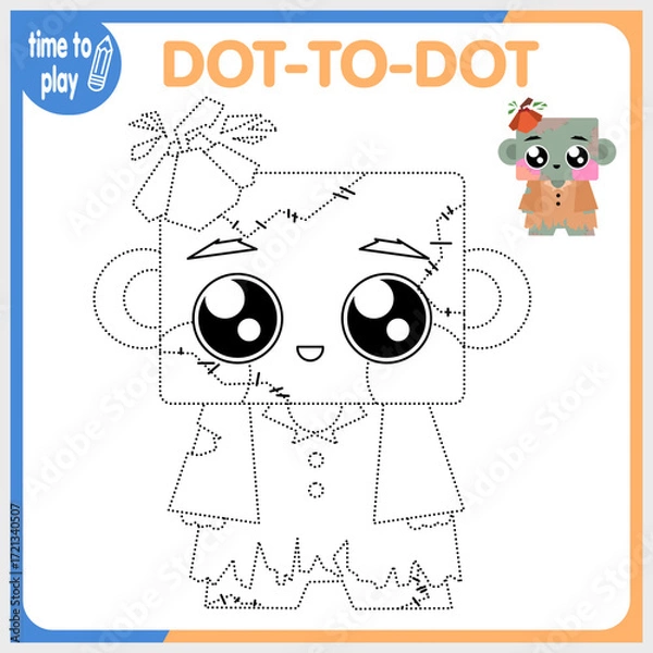 Fototapeta Connect the dots, a children's logic game. Frankenstein coloring page.