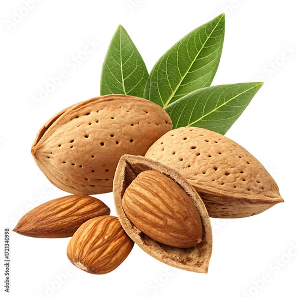 Fototapeta Group of almonds with leaves isolated on transparent background