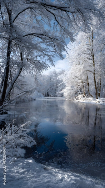 Fototapeta Discover the Tranquil Beauy of a Frozen Winter Lake:An Enchanting Winter Wondeland Amidst Snow-Covered Tees and Stunning Natural Tanquility