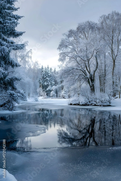 Fototapeta Discover the Tranquil Beauy of a Frozen Winter Lake:An Enchanting Winter Wondeland Amidst Snow-Covered Tees and Stunning Natural Tanquility