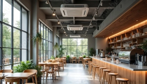 Fototapeta Modern coffee shop interior boasts large windows, natural wood accents, sleek air conditioning units. Stylish bar counter, minimalist tables, comfortable chairs create cozy atmosphere. Plants add
