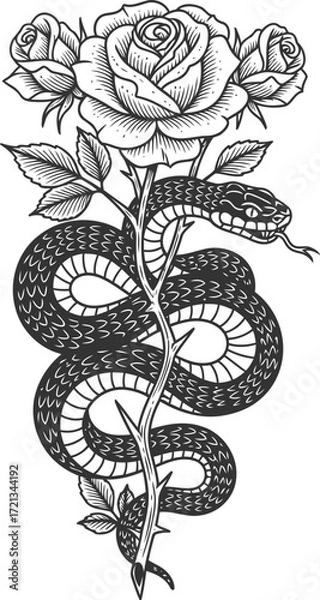 Obraz Snake and rose tattoo vector illustration