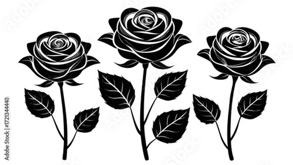 Fototapeta Three elegant black rose silhouettes on stems with leaves for decorative design elements, bold yet refined, timeless botanical style, suitable for modern compositions, posters, or chic branding visual