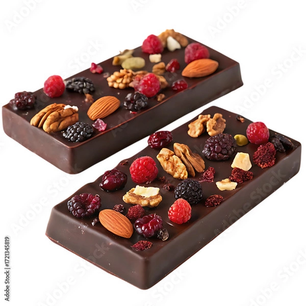 Fototapeta Two artisanal dark chocolate bars with nuts and berries isolated on transparent background