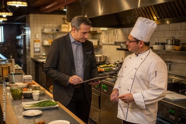 Obraz Restaurant manager with chef in kitchen