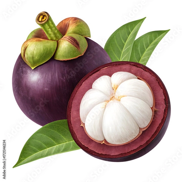 Fototapeta Fresh mangosteen fruit whole and halved with leaves isolated on transparent background