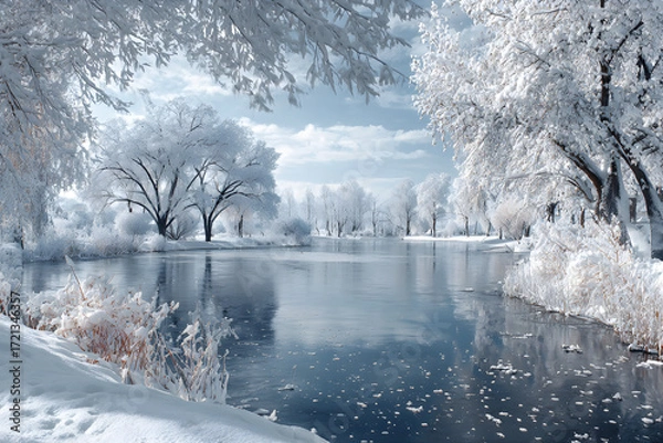 Fototapeta Discover the Tranquil Beauy of a Frozen Winter Lake:An Enchanting Winter Wondeland Amidst Snow-Covered Tees and Stunning Natural Tanquility