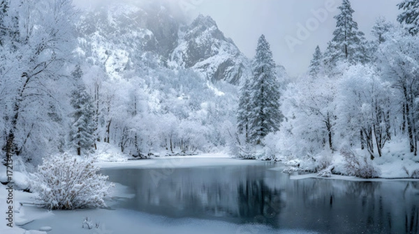 Fototapeta Discover the Tranquil Beauy of a Frozen Winter Lake:An Enchanting Winter Wondeland Amidst Snow-Covered Tees and Stunning Natural Tanquility