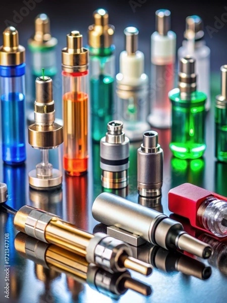 Fototapeta Colorful electronic cigarette components laid out on a light table for inspection and examination