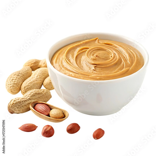 Fototapeta Creamy peanut butter in a white bowl with peanuts isolated on transparent background