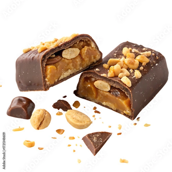 Fototapeta Chocolate candy bar with caramel peanuts and nougat isolated on transparent background