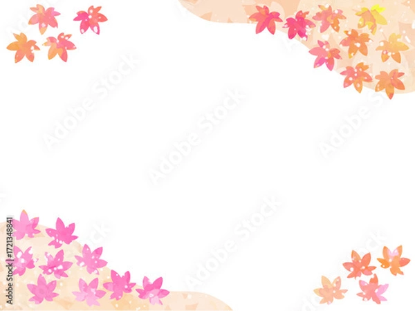 Obraz モミジの紅葉イメージの背景素材。水彩風テクスチャー。かわいい色調の葉っぱのシルエット。対角に山と葉っぱのシルエットのコンビネーション。和風のあしらい。フレーム。