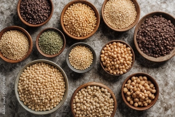 Fototapeta Superfoods on gray background with copy space. Nuts, beans, greens and seeds. Healthy vegetarian food.