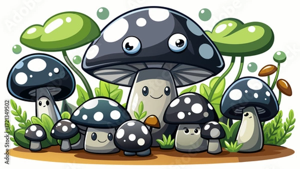 Fototapeta Black and white cartoon illustration of grouped mushrooms isolated on white, playful forest vibe, clean vector art, great for whimsical designs, food graphics, or nature-inspired creative projects.