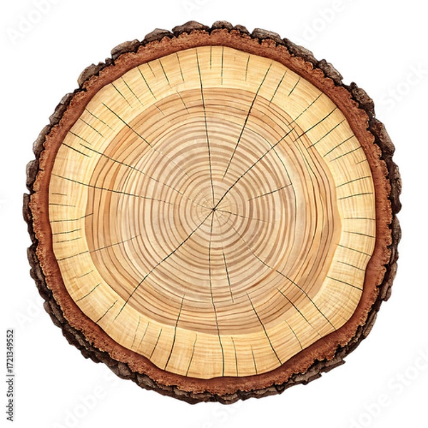 Fototapeta Cross section of a tree trunk with visible growth rings isolated on transparent background