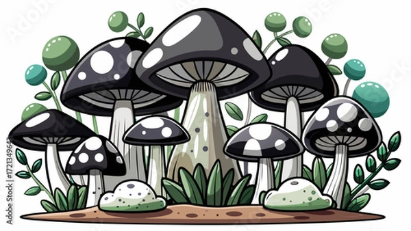Fototapeta Black and white cartoon illustration of grouped mushrooms isolated on white, playful forest vibe, clean vector art, great for whimsical designs, food graphics, or nature-inspired creative projects.